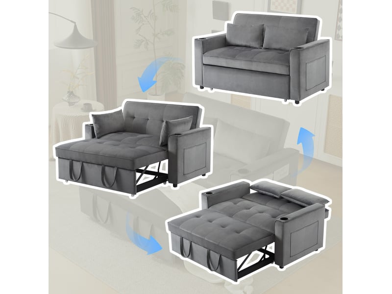  Canapé-lit convertible 2 places 137x76,5 cm – gris – dossier 3 positions, porte-gobelets et pochettes  - Conforama E