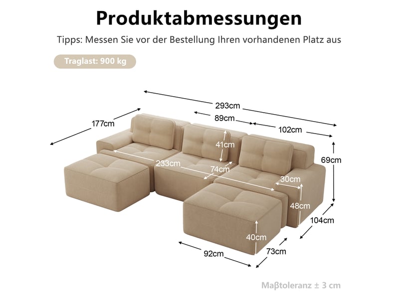 Canapé modulable en u 3 places avec ottoman, assise profonde et base antidérapante en velours côtelé beige - Conforama E