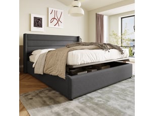 Lit coffre 180x200 cm rembourré en lin avec sommier à lattes et rangement hydraulique, gris
