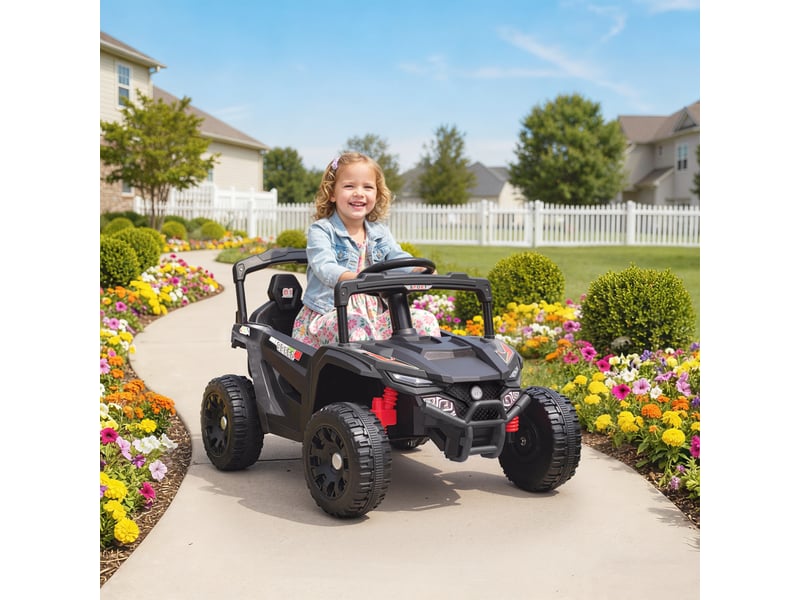 Voiture électrique 12 v pour enfants avec 2 moteurs, télécommande 2,4 ghz, suspension arrière, phares et musique - noire - Conforama D