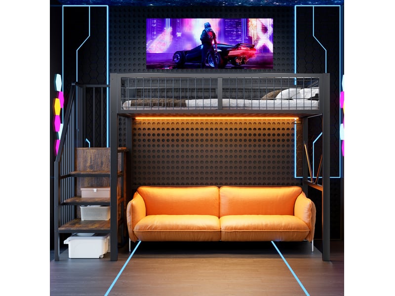  Lit mezzanine 90x200 cm avec échelle de rangement, éclairage led et barrière de sécurité, métal, noir, sans matelas  - Conforama E
