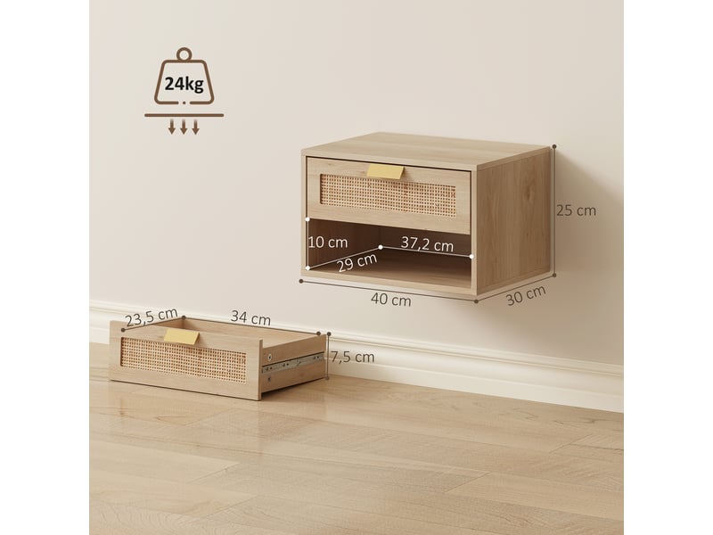  Ensemble de 2 tables de chevet suspendues avec tiroir en rotin, étagère ouverte, gain de place, 40 x 30 x 25 cm, chêne  - Conforama E