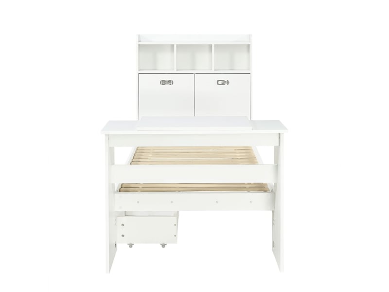  Lit ado 90 x 200 cm rangement intégré étagère en tête de lit tiroir coulissant table rabattable réglable montage flexible du tiroir aspect bois blanc  - Conforama A
