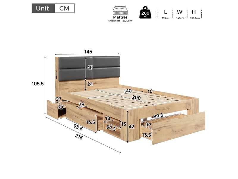  Lit enfant 140x200 cm coloris bois naturel tête de lit rembourrée  - Conforama C