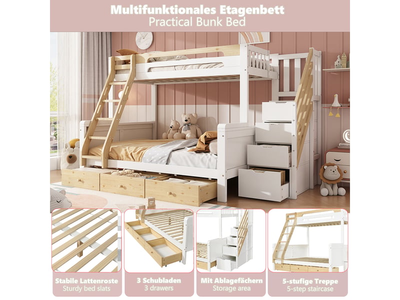 Lit superposé 90×200140x200 cm avec escalier rangement et 3 tiroirs, lit pour enfants, adolescents, blanc - Conforama D