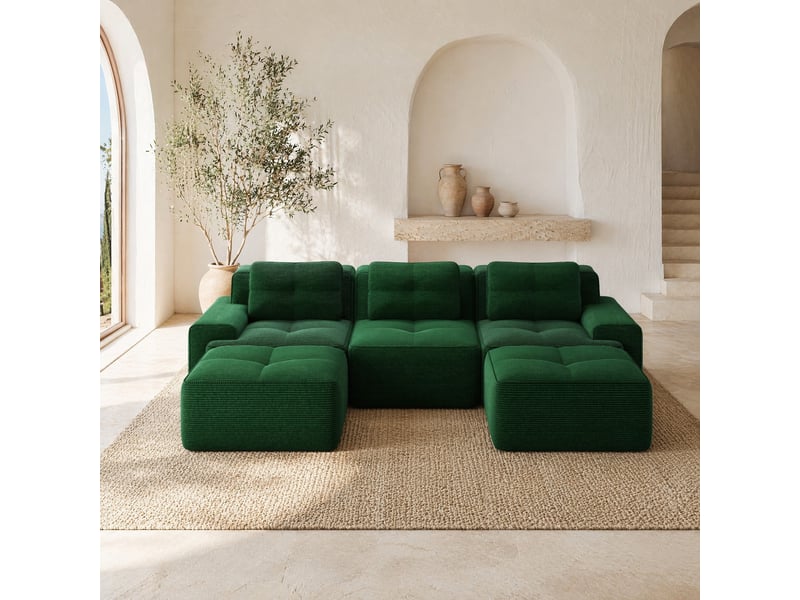  Canapé modulaire en u 3 places avec ottomans, sans montage, velours côtelé vert, 293 × 177 × 69 cm  - Conforama D