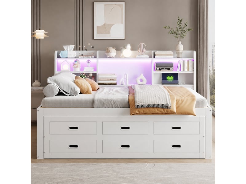  Lit gigogne 140x200 cm avec 3 tiroirs, led et ports usbtype-c, blanc  - Conforama D