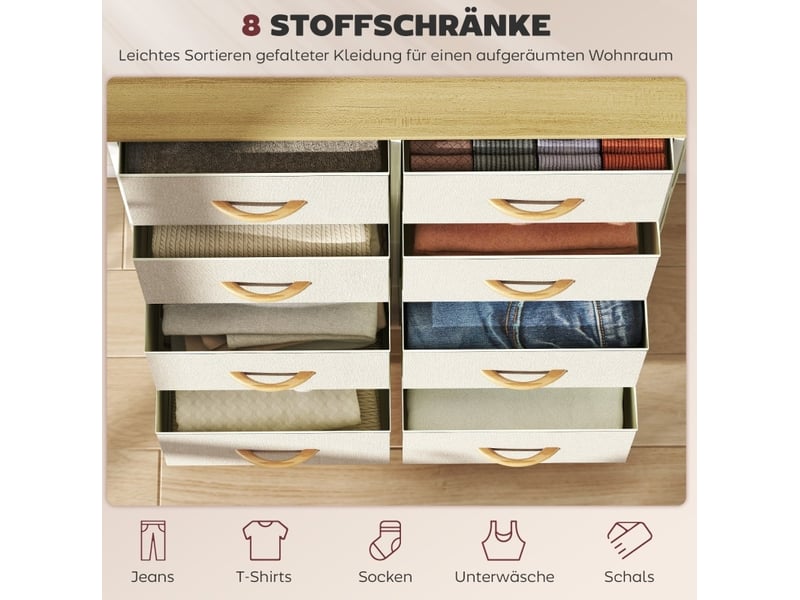  Commode de rangement 86x30x94,5 cm – beige – 8 tiroirs en tissu, 4 poches latérales, 2 crochets et plateau  - Conforama D