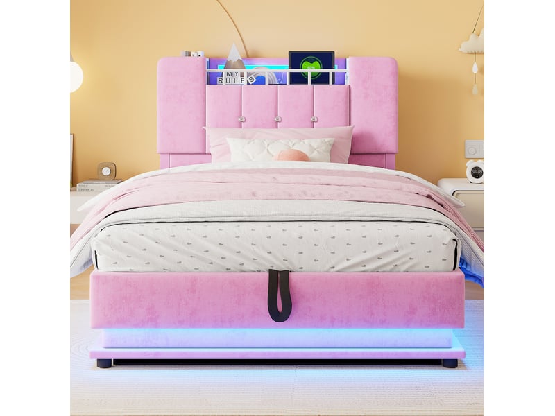  Lit enfant 90 x 200 cm rose avec led, port usb et rangement hydraulique  - Conforama D