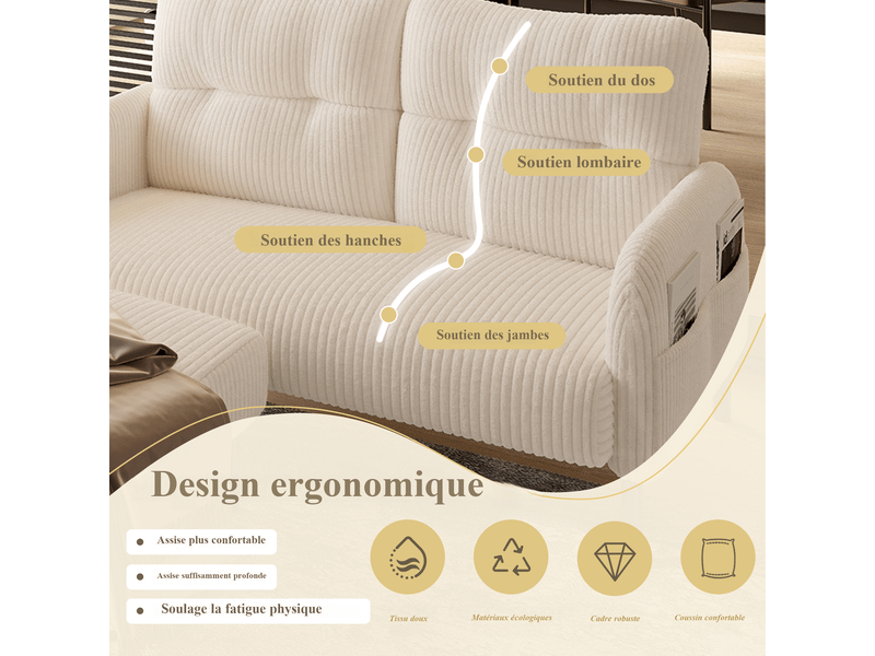  Canapé droit 2 places en velours côtelé beige 120 x 75 x 79 cm avec poches latérales, salon bureau chambre 120x75x79cm - Conforama D