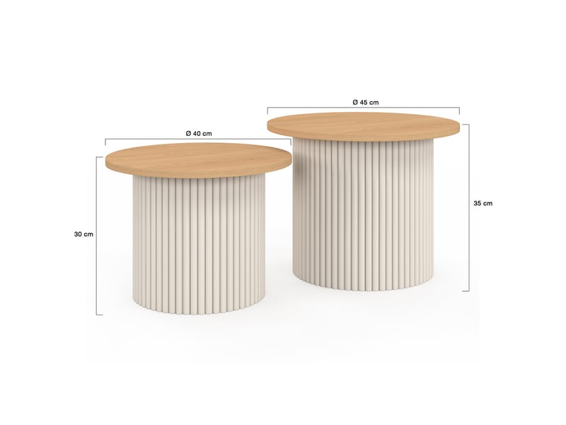 Lot de 2 tables basses gigognes kanel rondes 40-45 effet cannelé beige et plateau bois  - Conforama D