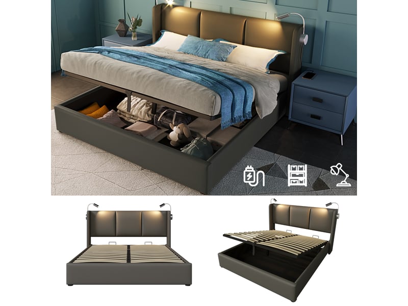  Lit coffre 140x200cm, lit adulte, lampe de lecture, rangement caché, tête de lit, bois, pu, métal , gris, sans matelas  - Conforama W