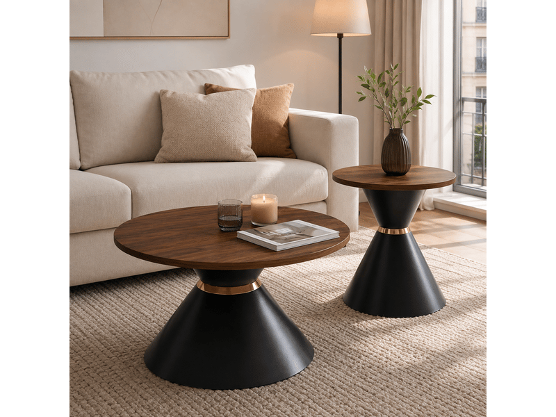  Tables basses gigognes rondes, avec 2 plateaux, base conique en métal et pour salon et chambre, noyer noir  - Conforama C