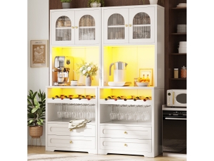 Meuble haut rangement 140x40x180 cm, portes vitrées cintrées, led, étagères réglables, porte-bouteille, usb, mdf, blanc