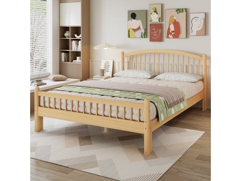  Lit en bois massif 140x200 cm naturel, tête à lattes, design minimaliste et sommier stable  - Conforama E