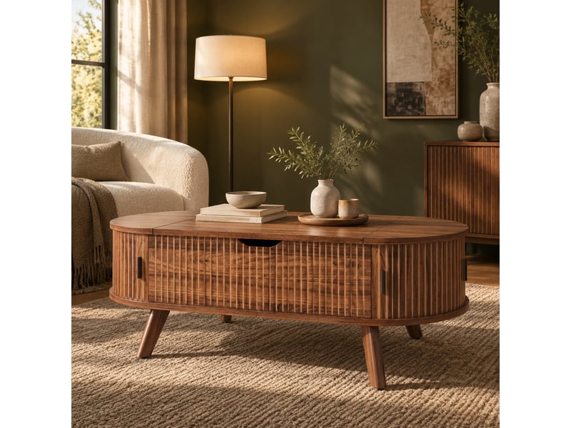  Table basse ovale relevable avec rangement et portes coulissantes - lpospi - mdf noyer 110 × 50 × 53,5 cm  - Conforama C