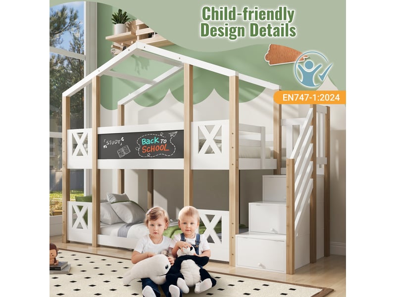  Lit superposé enfant 90x200 cm – blanc et naturel – cabane avec escalier de rangement, 2 sommiers - sans matelas  - Conforama E