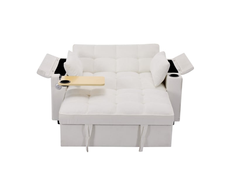  Canapé-lit convertible 3 en 1 140,5 x 74 x 82 cm, canapé 2 places avec dossier réglable, usb, table cachée et porte-gobelets, beige  - Conforama A