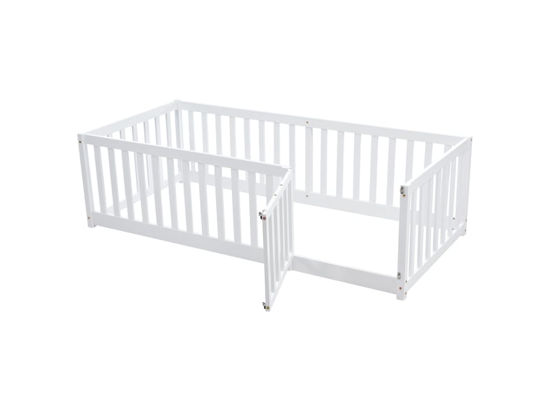  Lit enfant 90x200 au sol avec barrière et porte - cadre en bois massif blanc  - Conforama W