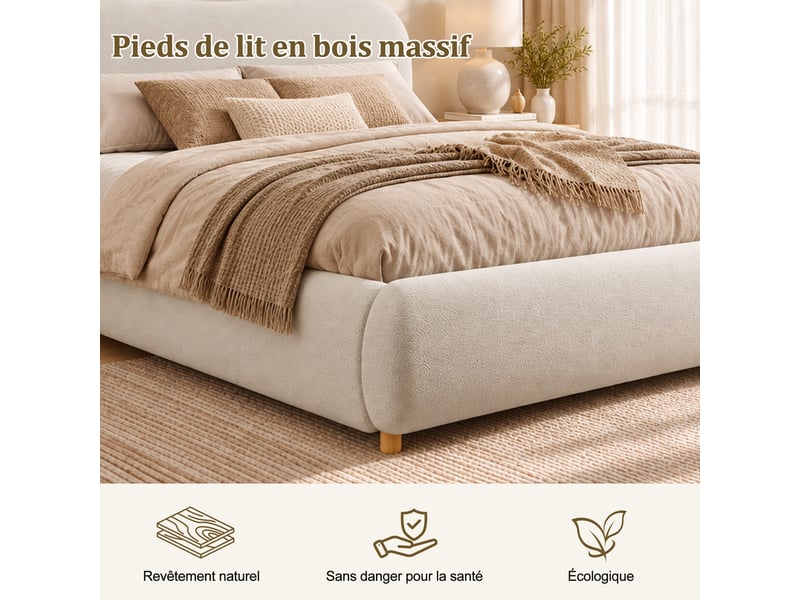  Lit coffre 180x200 cm blanc, tissu bouclé, sommier relevable hydraulique, tête de lit rembourrée 10,5 cm, pieds en bois massif, sommier à lattes inclus  - Conforama R
