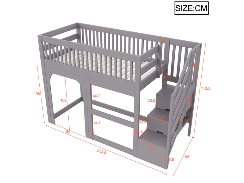  Lit mezzanine, 90x200 cm, avec escalier aménagé, led, garde corps de sécurité, sommier à lattes, bois, coloris gris  - Conforama C