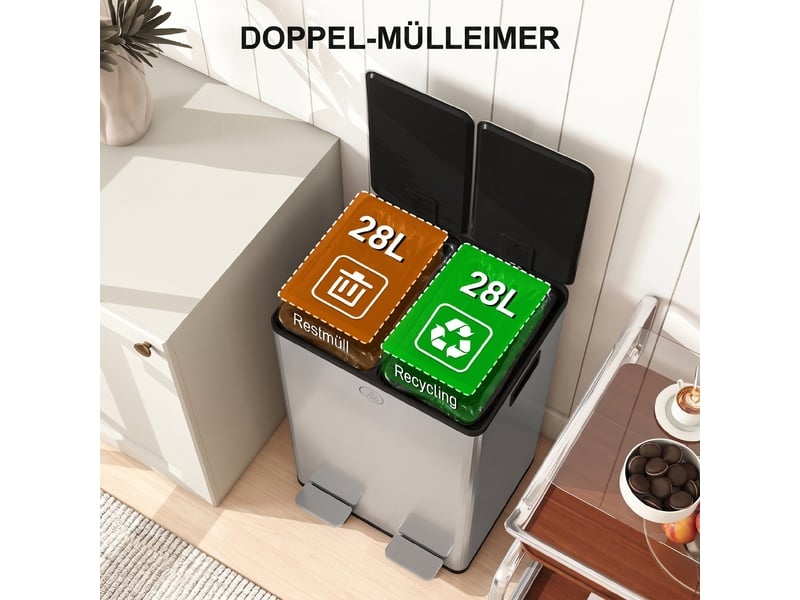  Poubelle de tri 2 x 28 l à pédale en acier inoxydable argenté 45,8 x 36 x 67,6 cm  - Conforama D