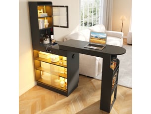 Table bar extensible 131–170 x 40 x 170 cm avec rangement, vitrine à portes en verre, led contrôlée par application, prise, usb et usb-c, meuble bar multifonction, noir