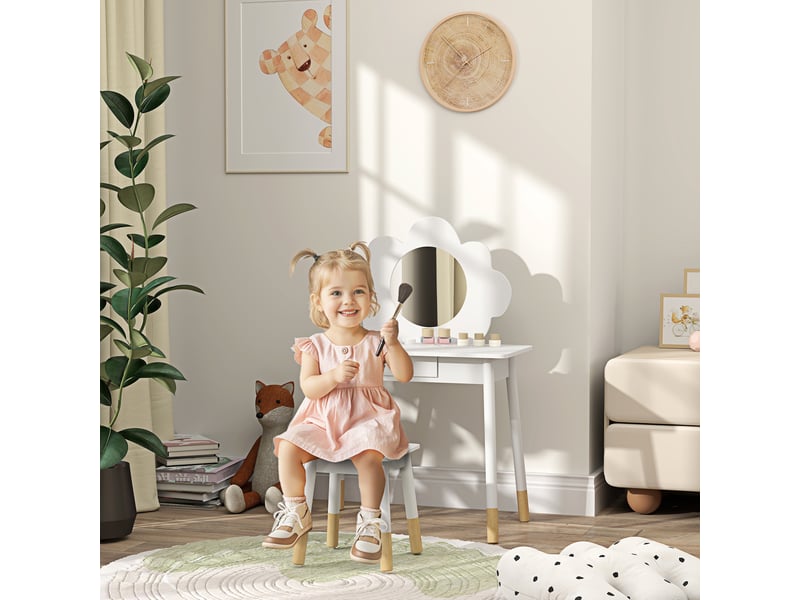 Arkswift, ensemble coiffeuse pour enfant avec tabouret, coiffeuse 2 pièces pour enfants de 3 à 6 ans, miroir forme de nuage, blanc  - Conforama C