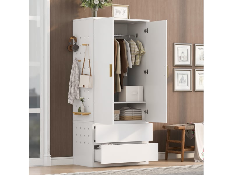  Armoire 70x50x170 cm multifonction avec 2 tiroirs et panneau perforé, blanc  - Conforama B