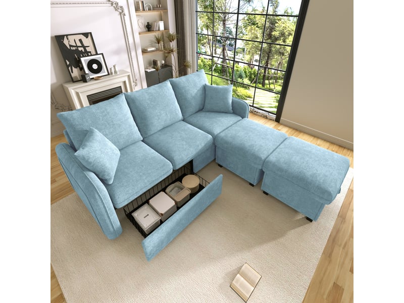  Canapé d’angle en u 3 places 188x186x86 cm convertible avec tiroirs, pouf coffre, modules séparables, chenille, bleu Sol Morn - Conforama D