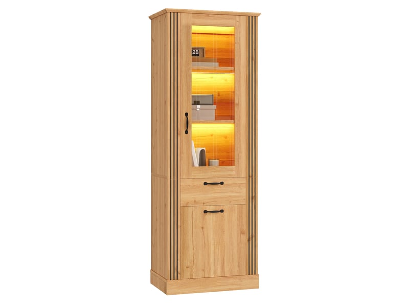 Buffet 62x41x180 cm avec porte, éclairage led piloté par application, tiroir, en panneau de particules, coloris naturel  - Conforama A