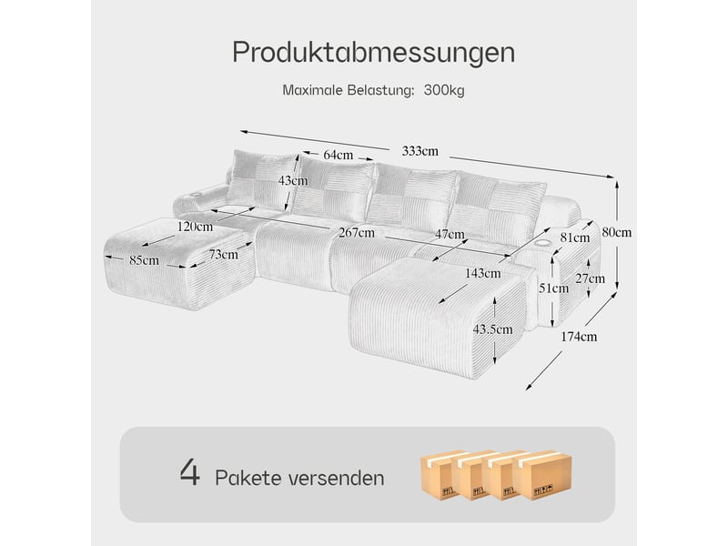  Canapé modulable 4 places en velours côtelé noir avec 2 poufs, porte-gobelet et poche latérale  - Conforama E