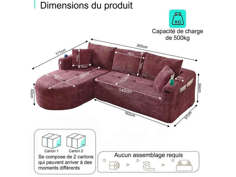 Canapé d'angle en l 3 places rouge bordeaux style canapé nuage avec porte-gobelet en acier - Conforama C