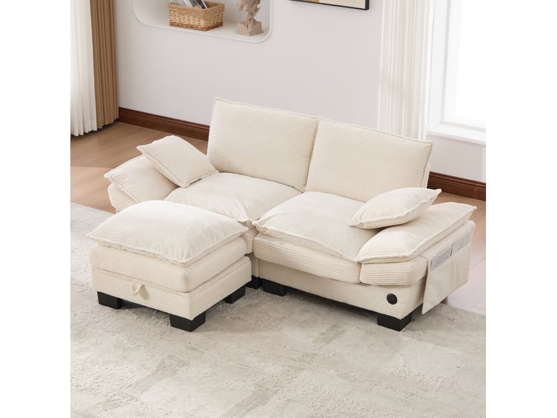  Canapé modulaire 2 places en velours côtelé avec coffre, assise large, usb-c et poches latérales, beige  - Conforama C