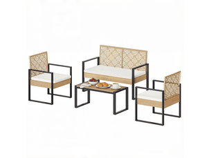Salon de jardin 4 pièces 112 x 79 x 59 cm naturel, rotin pe et métal, avec table basse pour terrasse