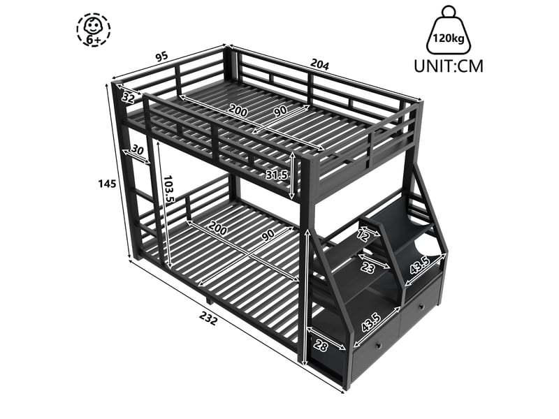  Lit superposé 90x200 cm – lit enfant métal avec led 2 tiroirs tissu et 2 étagères – métal – noir CozyNest - Conforama D