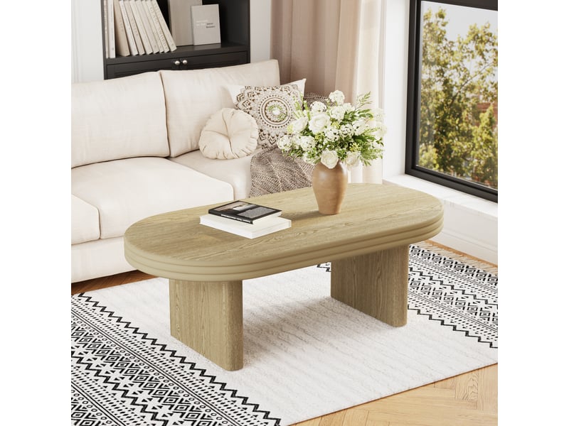  Table basse ovale avec plateau flute, en mdf, salon, 120 × 60 × 45 cm, finition bois naturel - uvrion  - Conforama C