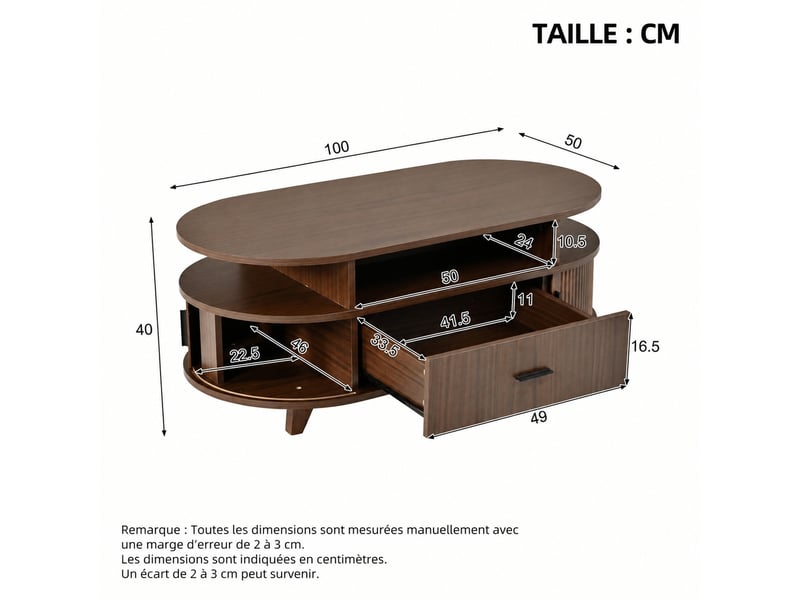 Table basse ovale couleur noyer, 1 tiroir, 2 portes à rideau, rangements ouverts et fermés, 100 x 50 x 40 cm - Conforama C