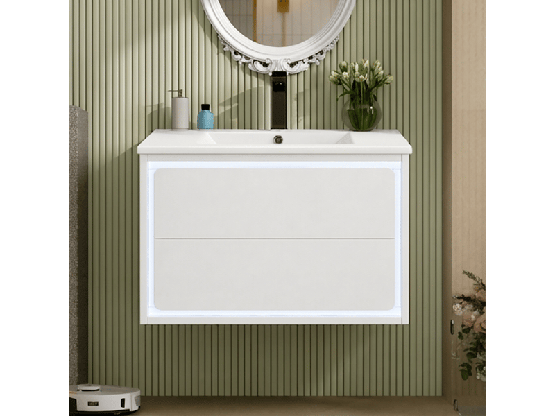  Meuble salle de bain suspendu 76 cm avec led meuble sous vasque blanc 2 tiroirs  - Conforama B