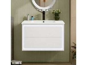 Meuble salle de bain suspendu 76 cm avec led meuble sous vasque blanc 2 tiroirs