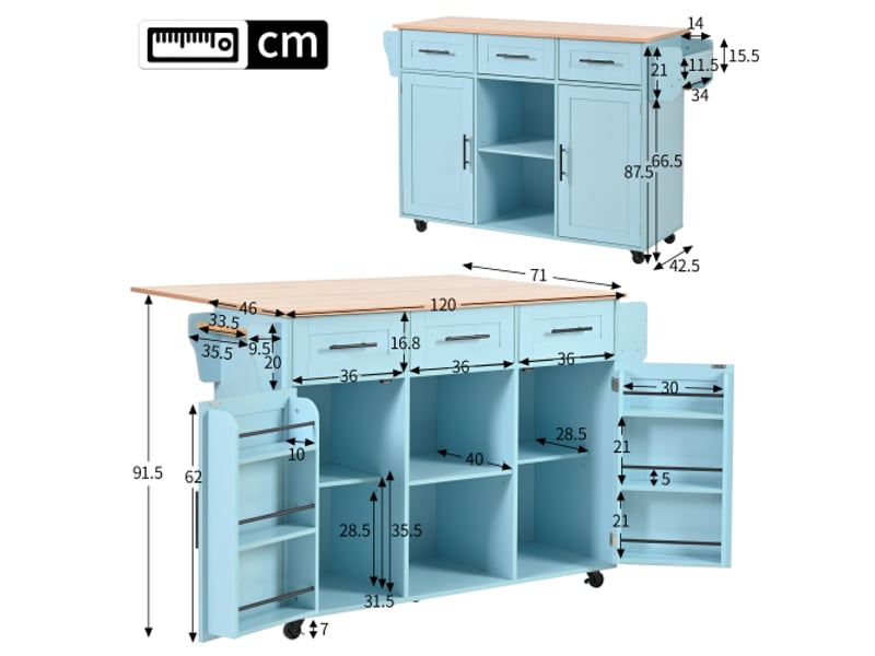 Desserte roulante,chariot de cuisine avec 3 tiroirs,plan de travail rabattable,3 compartiments de rangement séparés et étagères réglables,bleu desserte bleu - Conforama C