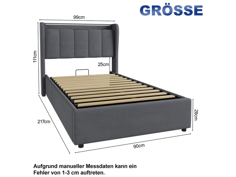  Lit coffre 90x200 cm en velours gris, cadre lit avec rangement sous lit, led et station de recharge, sans matelas  - Conforama C