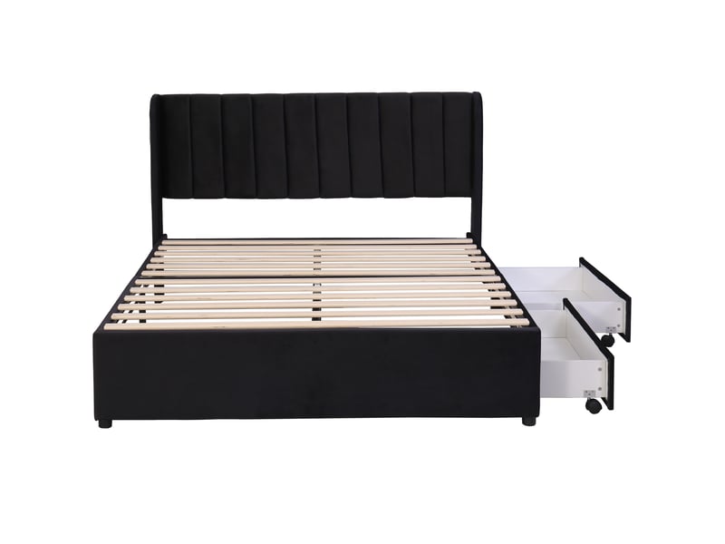  Lit capitonné en velours 140 x 200 cm avec sommier à lattes, tête de lit et 2 tiroirs, noir  - Conforama E