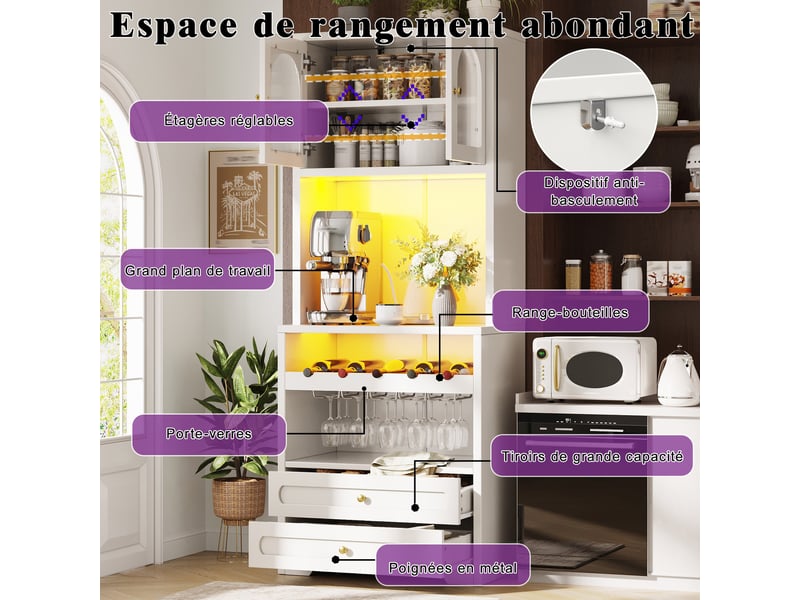  Lot de 2 buffets hauts 140 x 40 x 180 cm avec led, portes vitrées cintrées, casier à vin et prises usb, blanc  - Conforama D
