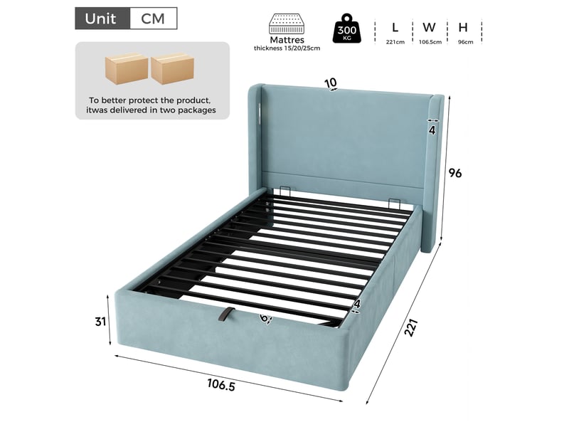 Lit coffre enfant 90x200 cm, sommier inclus, ouverture hydraulique, led, usb et type-c, velours bleu, sans matelas  - Conforama C