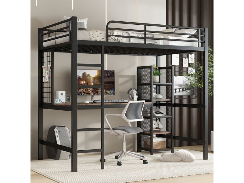  Lit mezzanine 90x200, structure métal robuste lit mezzanine, garde-corps sécurité, rangements intégrés, échelle sécurisée  - Conforama B