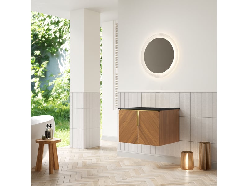 Meuble sous vasque avec 2 portes et plan en pierre frittée noire, finition chêne, pour salle de bain, 61 cm - Conforama E