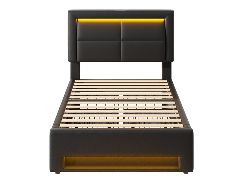  Lit rembourré 90 x 190 cm avec 4 tiroirs, éclairage led, ports usb et recharge sans fil, revêtement pu noir Fay Lum - Conforama R