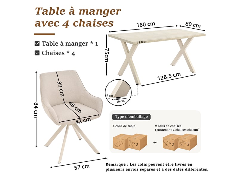  Ensemble table et 4 chaises - table rectangulaire 160x80 cm monobloc en travertin et pieds métal, 4 chaises en tissu beige et pieds en métal blanc  - Conforama C