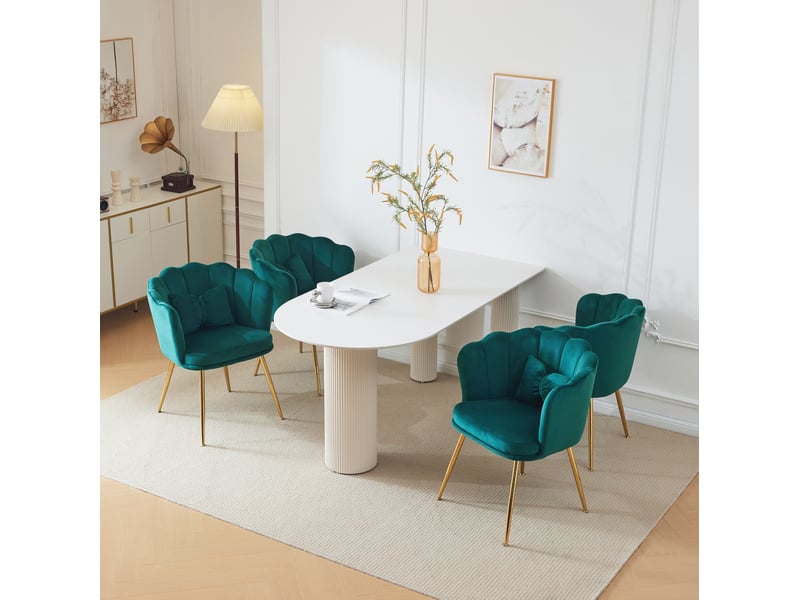  Lot de 4 fauteuils design 63x58x77 cm, dossier pétale, coussins, pieds en métal doré, velours vert  - Conforama B